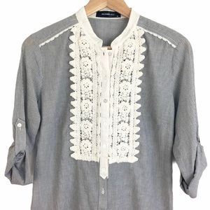 Striped Button Up with Lace Bib NWOT